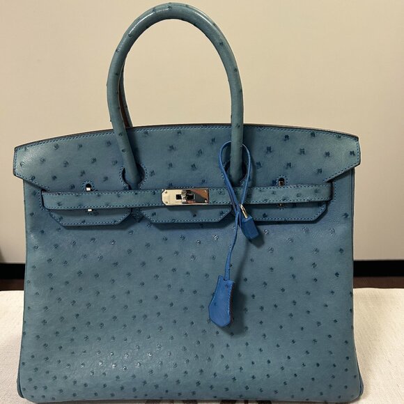 Handbags - Hermes Blue Ostrich Leather Birkin 35 Bag (Sun Bleaching)
